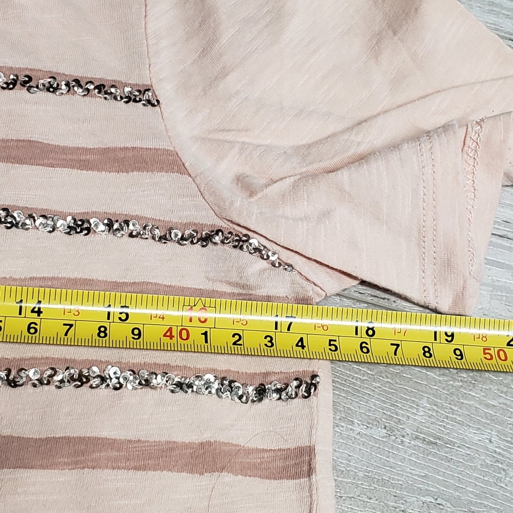 LOFT Top Blush Pink Striped Sequin Embellished Short Sleeve Tee Size M Cotton - Picture 4 of 9